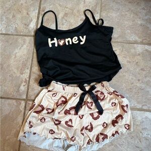 Black 'Honey' Tank Top and Heart Print Shorts Set